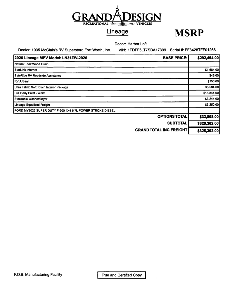 New 2026 Grand Design Lineage Series F 31ZW available in Fort Worth, Texas