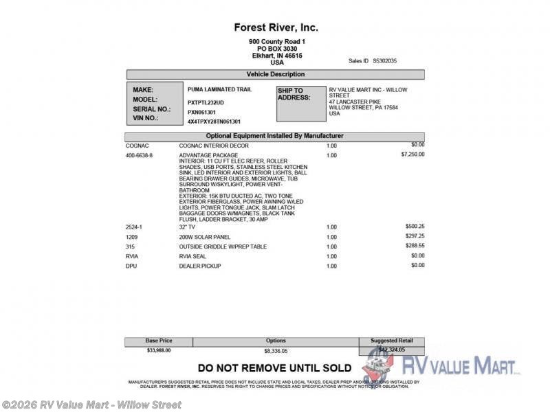 New 2026 Forest River Puma Tracks 232UD available in Willow Street, Pennsylvania