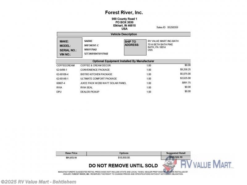 New 2026 Forest River Sabre 36EST available in Bath, Pennsylvania