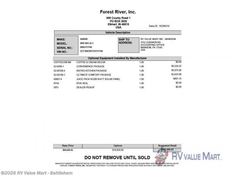 New 2026 Forest River Cherokee Sabre 36FLX available in Bath, Pennsylvania