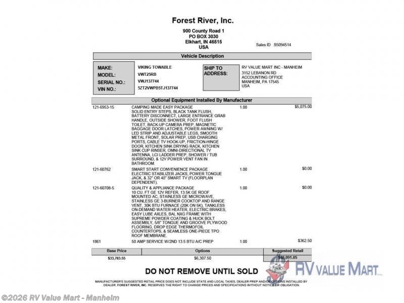 New 2026 Forest River Viking 6K Series 25RB available in Manheim, Pennsylvania