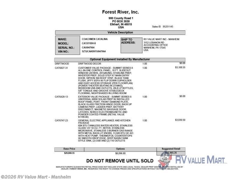 New 2026 Coachmen Catalina Summit Series 8 211BH available in Manheim, Pennsylvania