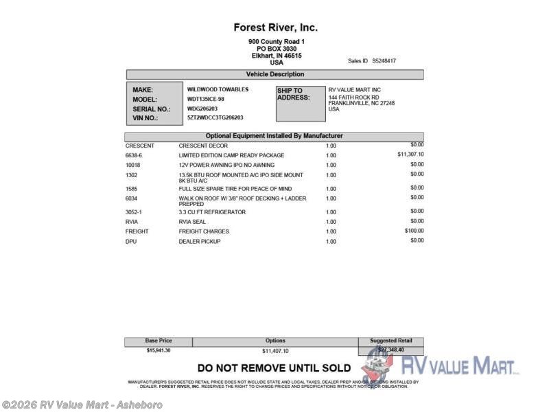 New 2026 Forest River Wildwood FSX 135ICE available in Franklinville, North Carolina
