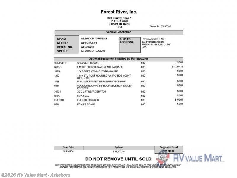 New 2026 Forest River Wildwood FSX 135ICE available in Franklinville, North Carolina