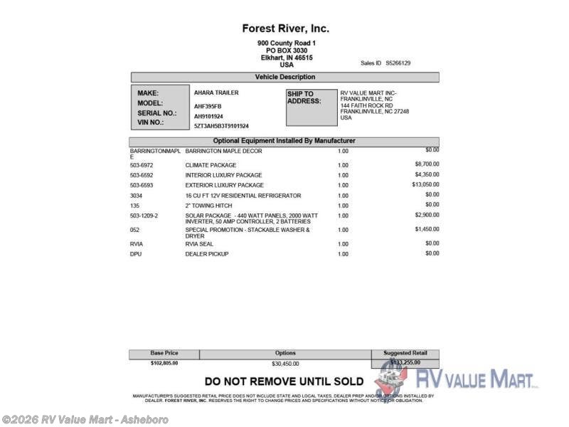 New 2026 East to West Ahara 395FB available in Franklinville, North Carolina