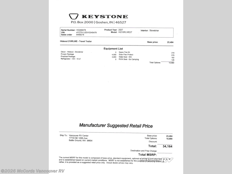 New 2027 Keystone Hideout 210RLWE available in Battle Ground, Washington